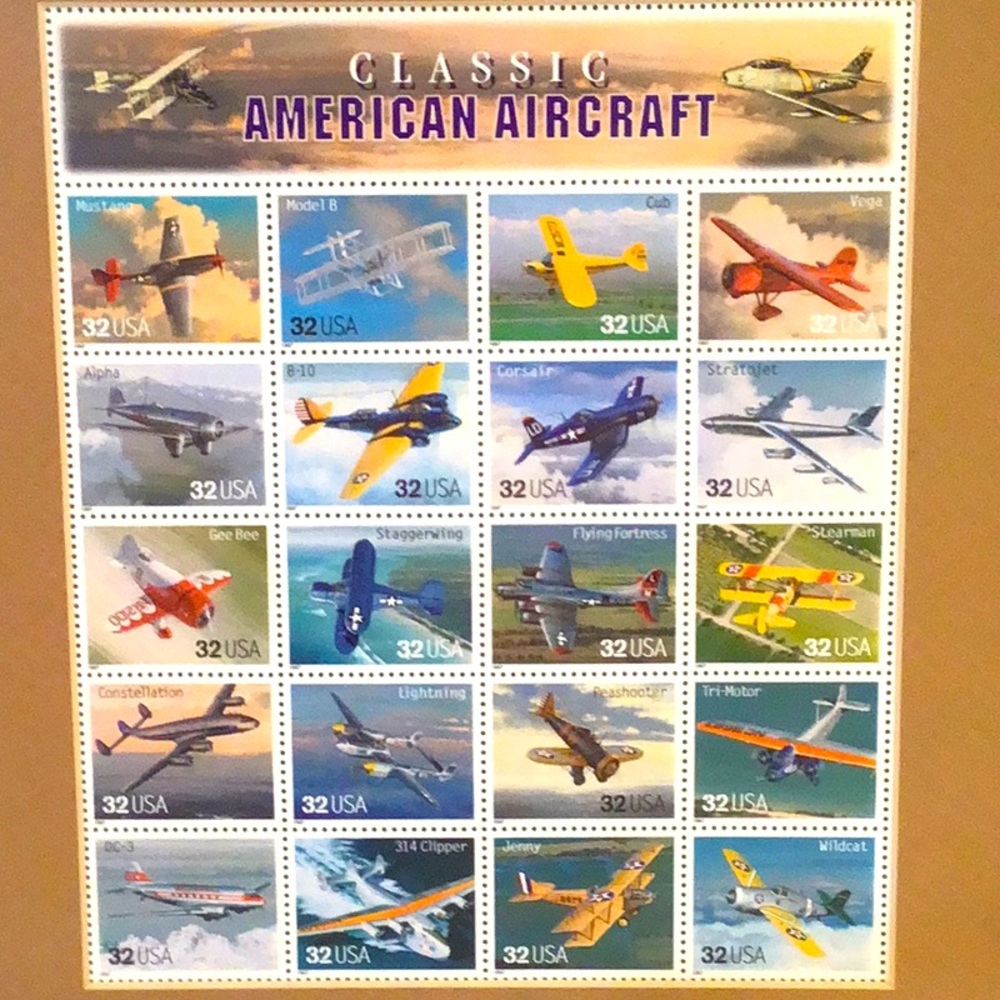 Classic American Aircraft Postage Stamps Sheet